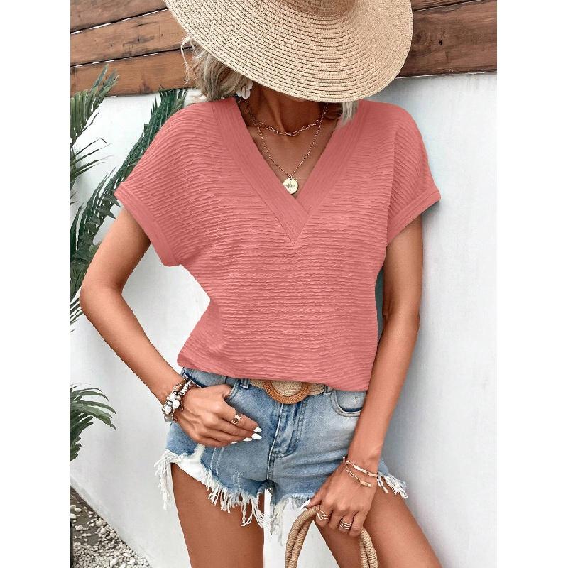 Womens Tops Summer Textured Short Sleeve V Neck T Shirts Loose Fit Fashion 2024