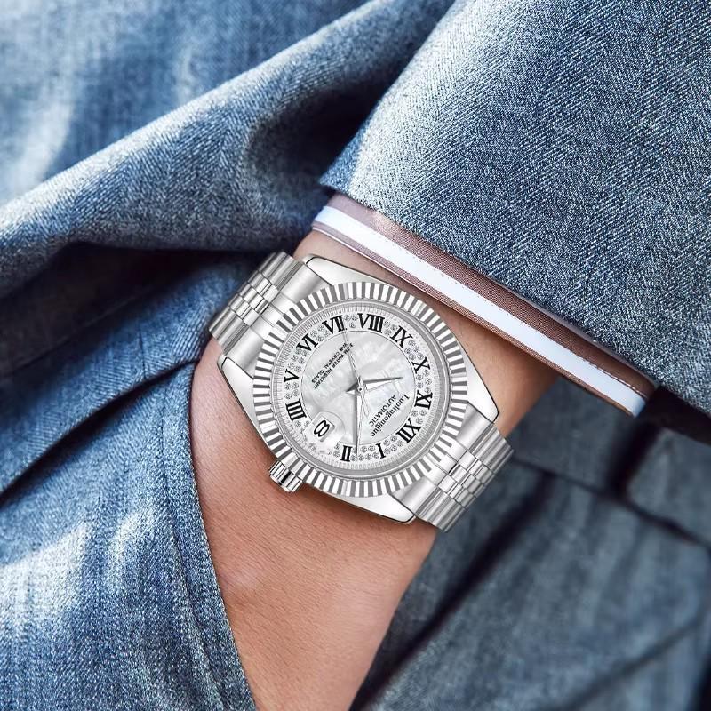 Herren Automatische Mechanische Uhr Weiß Perlmutt Zifferblatt Diamant Römische Ziffern Kalender Datum Edelstahl Armbanduhr