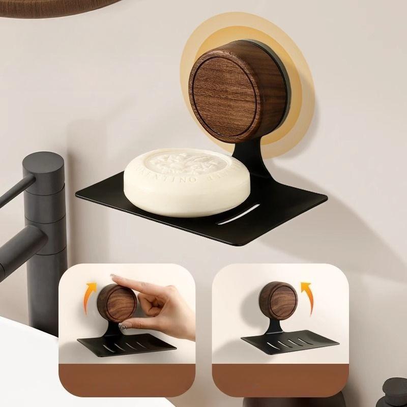 Nordic Style No Need To Drill Holes Wall-mounted Walnut Wood Soap Dish Suction Cup Soap Box  Bathroom Toilet Draining Soap Rack
