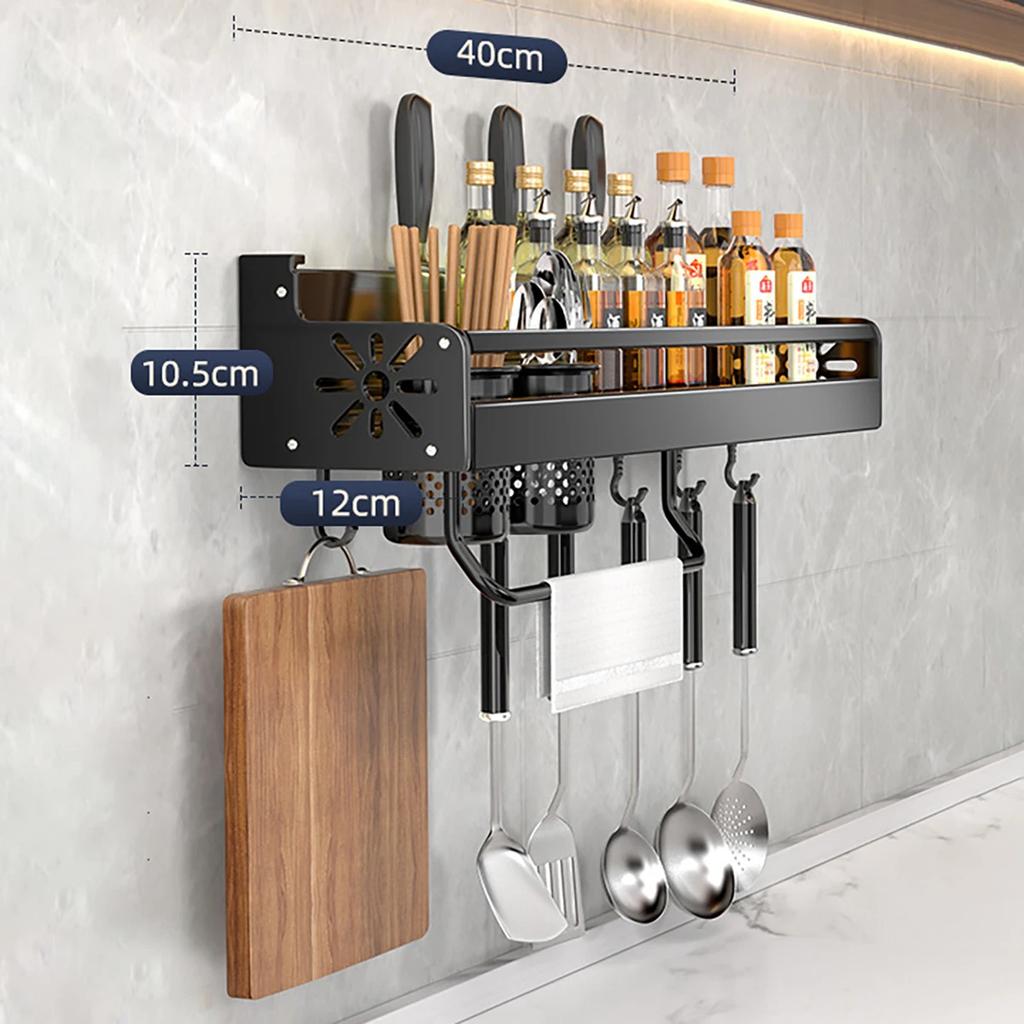 Black Wall Mounted No-Punch Large Capacity Storage Utensils Metal Kitchen Shelf Skeletonized Drainage Design Easy To Clean