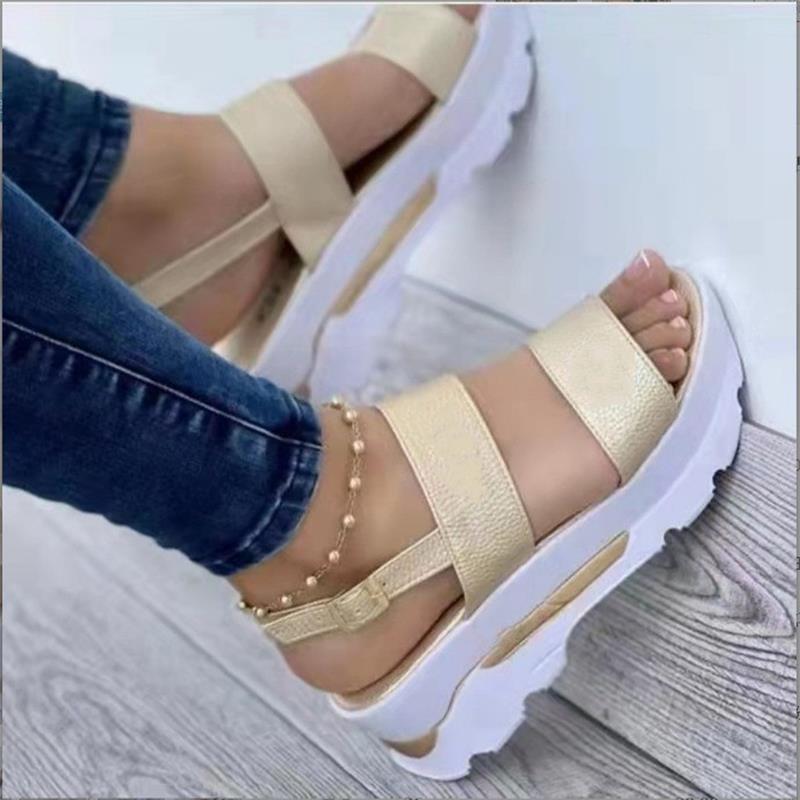 Summer New Large-size Women's Shoes Wide-sided One-word Buckle with Thick-soled Wedge Heel Fish Mouth Sandals Women