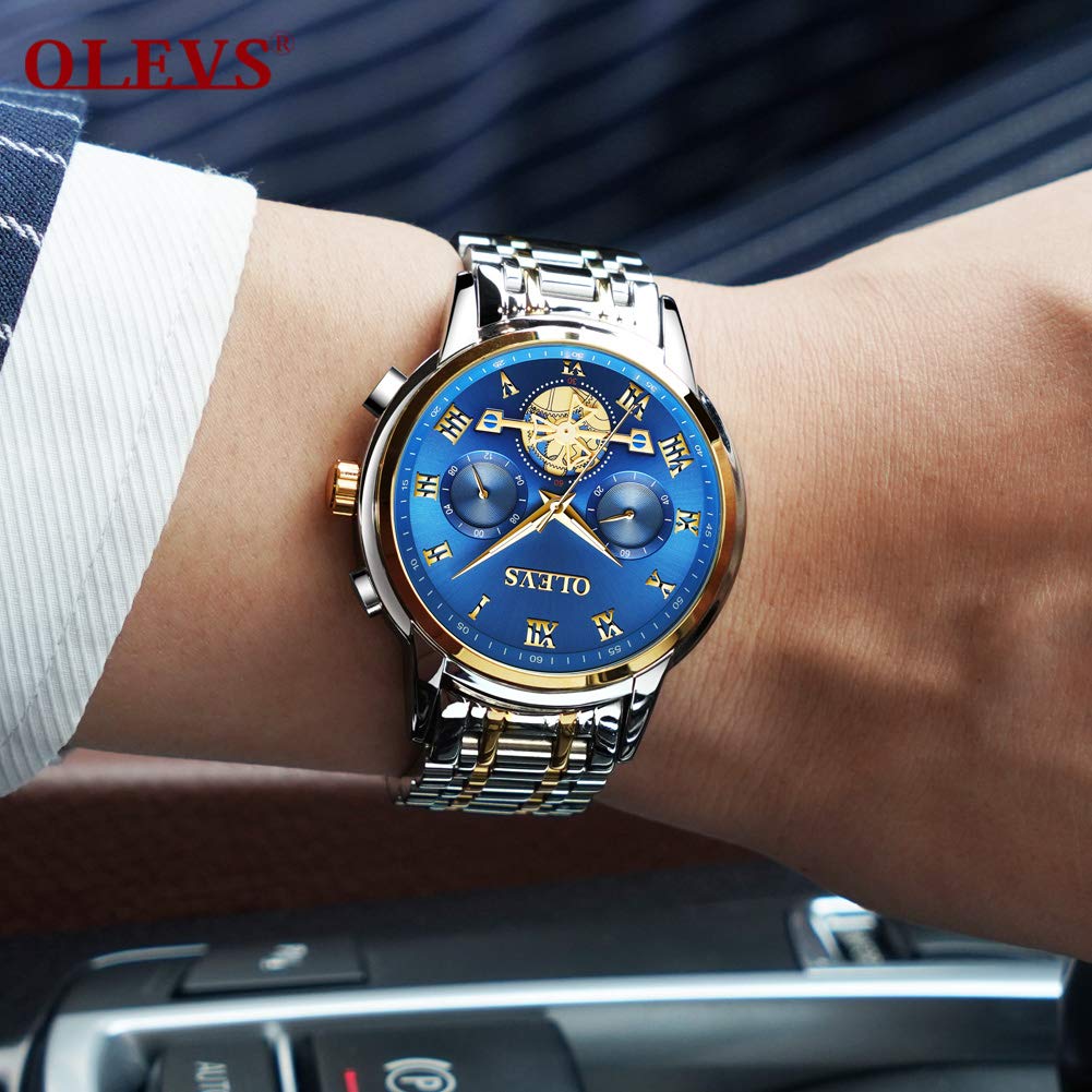 OLEVS Watch Watch Stainless Steel Chronograph Waterproof Watch Black Multifunctional Analog Quartz Wristwatch with Date Display Stylish Business