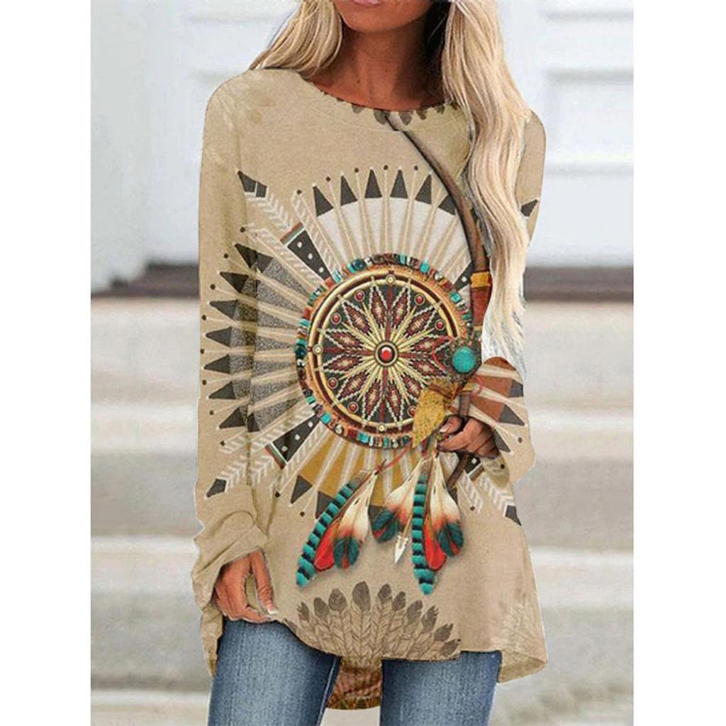 Western Aztec Ethnic 3D Print Langermede T-skjorter Bohemian Women Vintage Fashion T-skjorte Oversized Streetwear T-skjorter for kvinner Topper