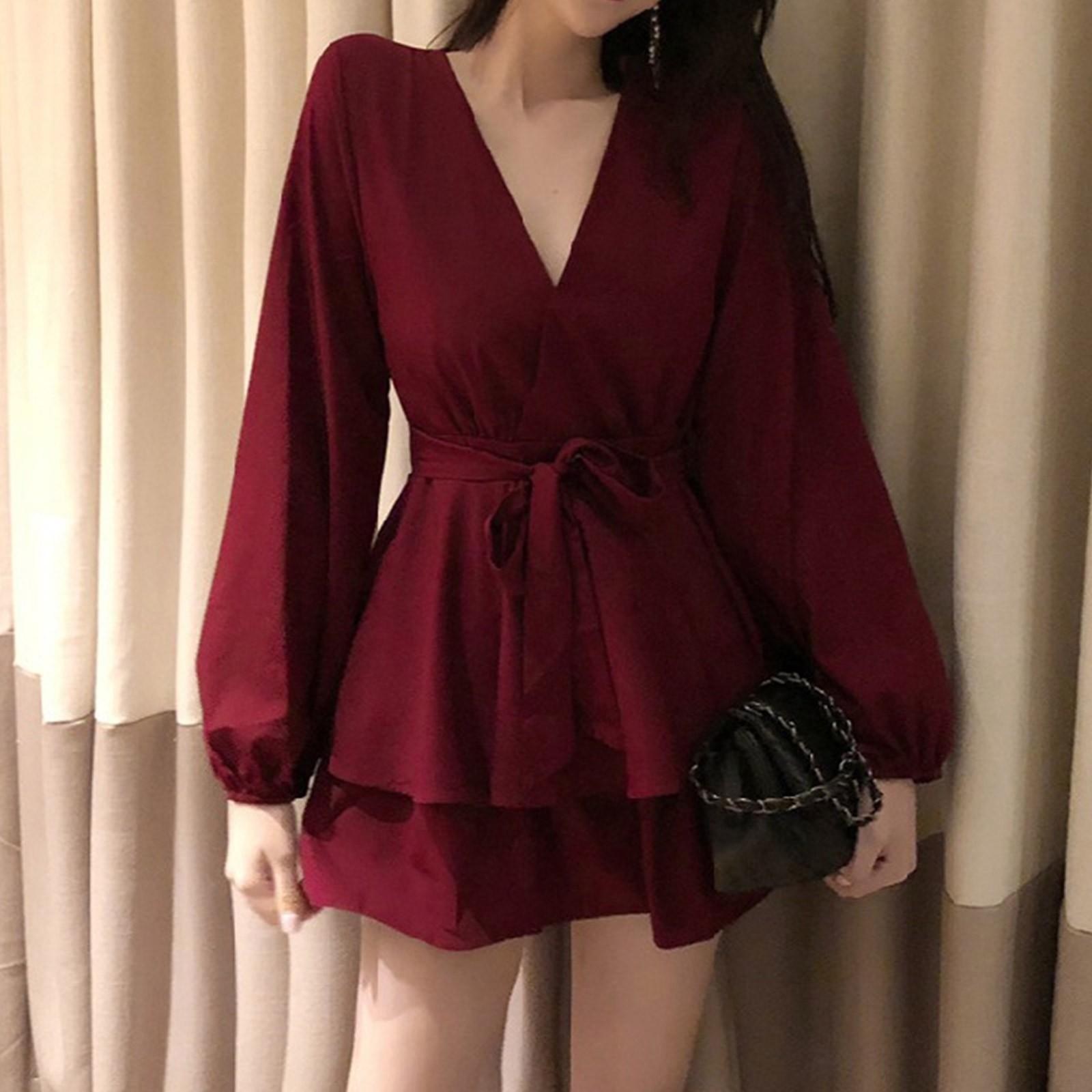 

Женское свободное платье с завышенной талией, V-образным вырезом и длинными рукавами, однотонная юбка трапециевидной формы XXL