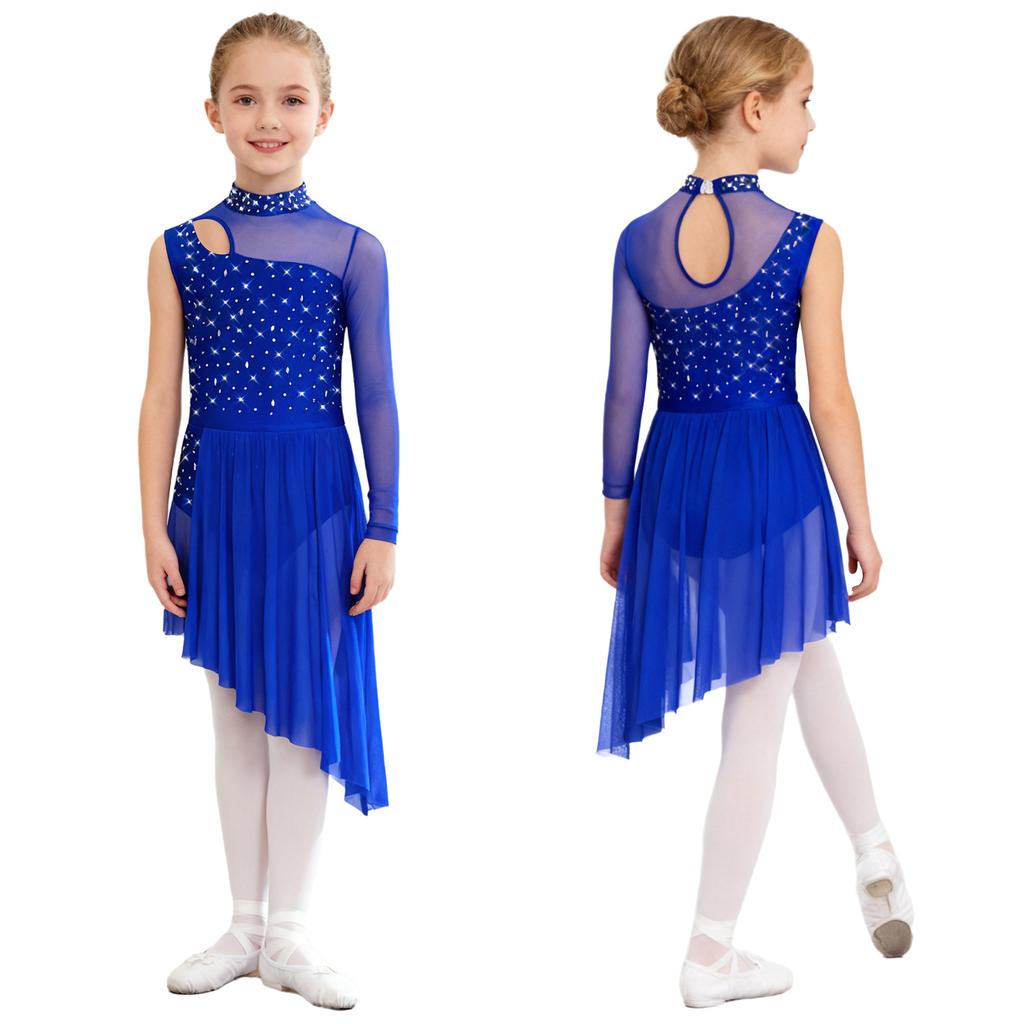 Complete Competition Lyrical Costume for Girls: Features Asymmetrical Design, Mock Neck, Mesh & Rhinestone Details