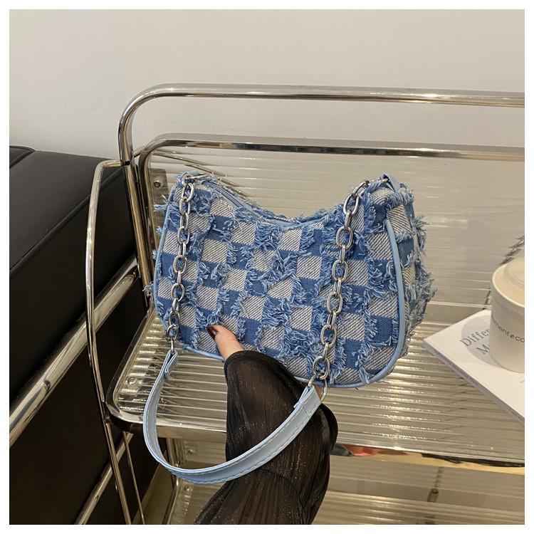 Street Style Star Pattern Denim Chain Crossbody Bag With Zipper Closure For Daily Use