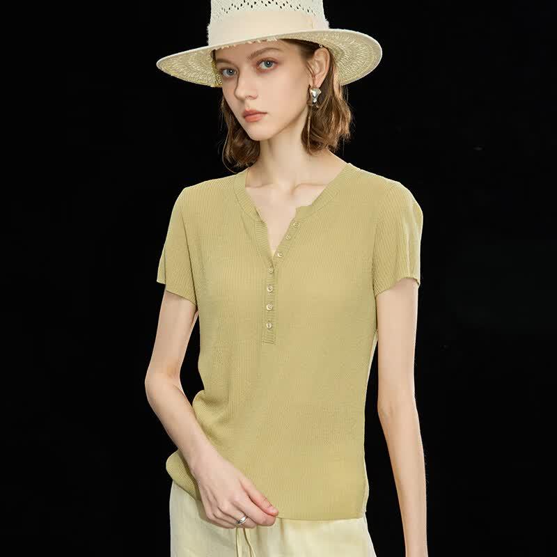 Women's Tencel Linen Blend French Half-Open Collar Knitted T-Shirt