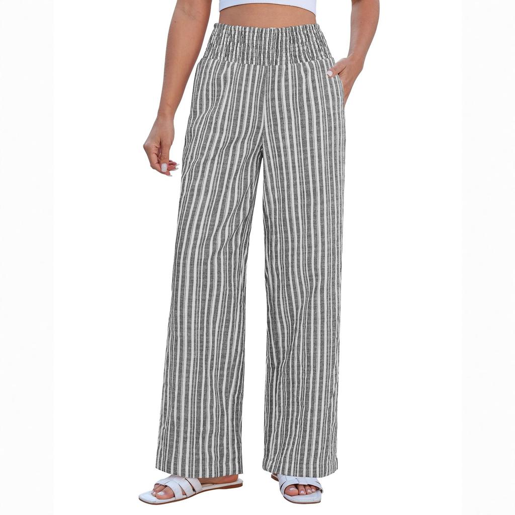 Ladies' Casual And Fashionable High Waist Wide Leg Striped Linen Pants