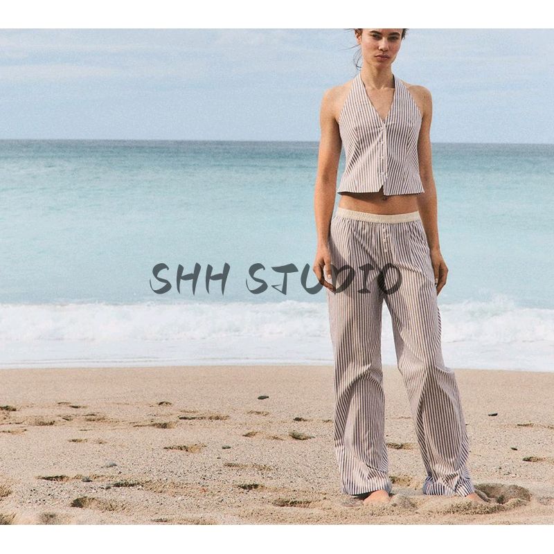 Stripes Hanging Collar Vest Style Tops 2010778 Contrast Color Stripes Pajamas Style Pants 6929413