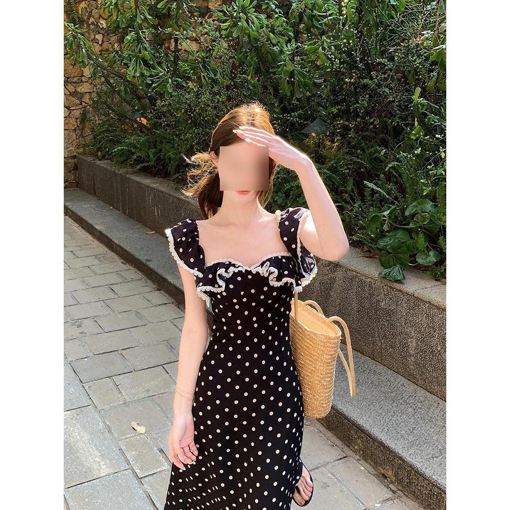 Women's New Temperament Backless Waist Long Dress Square Neck Lace Polka Dot Dress Children's Summer Leisure
