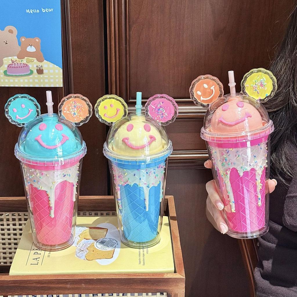 Fashion and Creative Smiley Face Water Cup Large Capacity Bingba Straw Cup Plastic Cup Exquisite Lady Gift