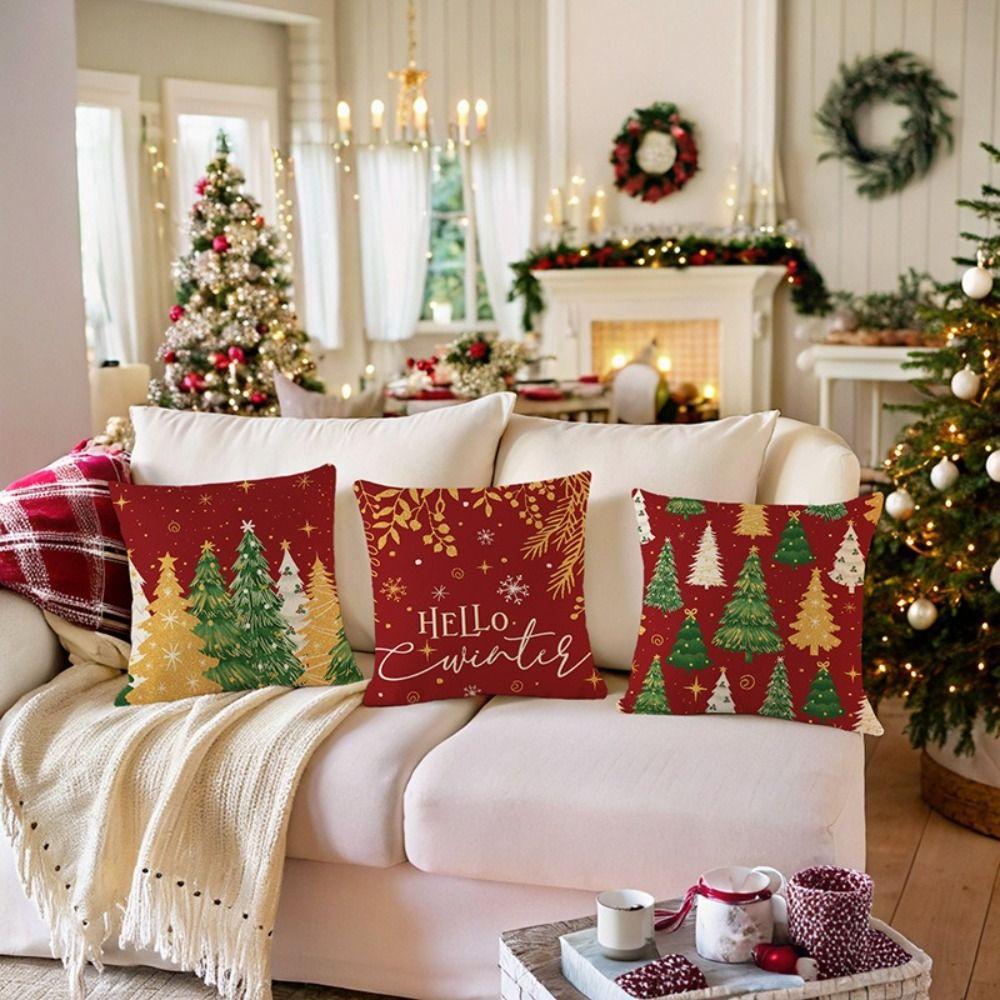 Polyester Christmas Cushion Cover Checkered Pattern Decorative Design Pillowcase Christmas Tree Printed Sofa Decoration