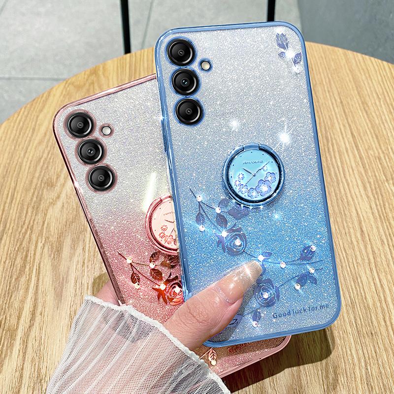 KADEM For Samsung Galaxy M54 5G/F54 5G Flowers Cover Ring Kickstand Glitter Rhinestone TPU Phone Case