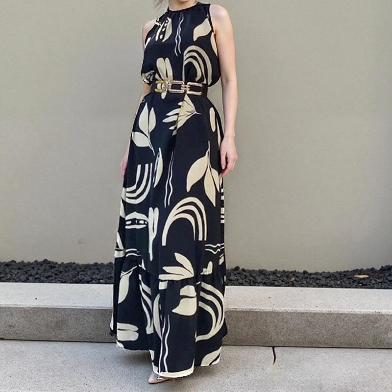 2026 Women s Spring New Arrival, Amazon Cross-border Europe & America, Elegant Printed Waist-Cinching Sleeveless Dress S
