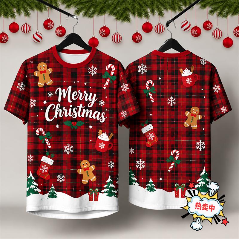 Red Plaid Christmas Gingerbread Man Double Sided 3D Print Short Sleeve T-Shirt Holiday Top