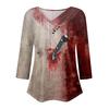Womens 3/4 Sleeve Daily Weekend V Neck Casual Printed Tshirts Loose Fit Pleated Tees Button Down Shirts
