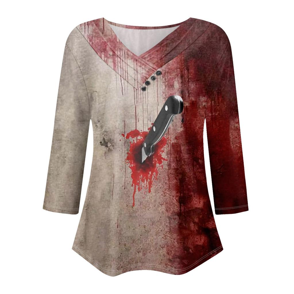 Womens 3/4 Sleeve Daily Weekend V Neck Casual Printed Tshirts Loose Fit Pleated Tees Button Down Shirts