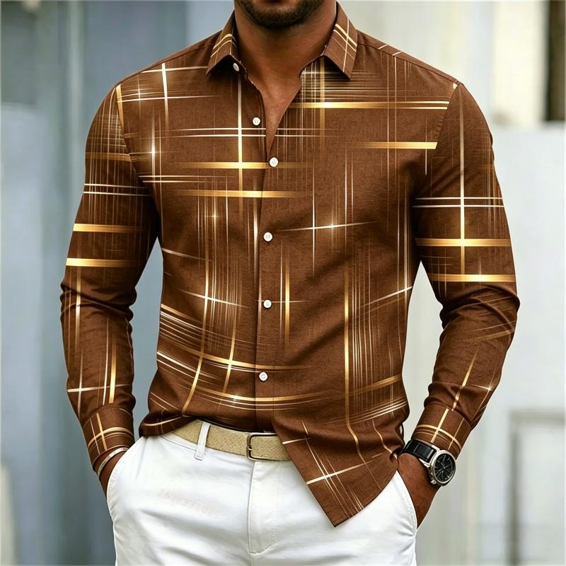 2026 Men's Shirt with Fashionable Printed Lines, Checkered Long Sleeved Shirt, Lapel, Slim Fit, Business Casual Men's Shirt