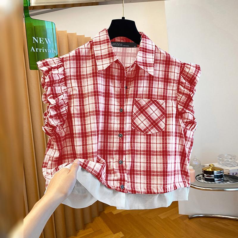 ZANZEA Women Casual Turn Down Collar Sleeveless Plaid Print Blouse