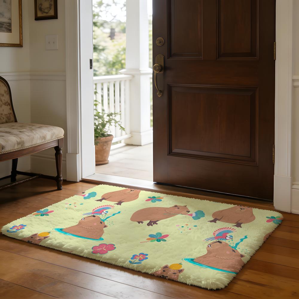 Cute Capybara Pattern Floor Mat Soft Flannel Absorbent Mat Non-Slip Rug Home Bedroom Bathroom 40cm x 60cm