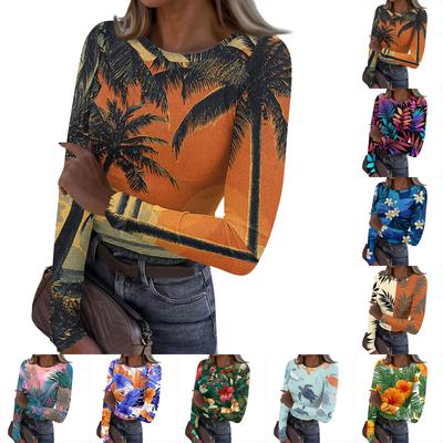 Women's Casual Fashion Round Neck Hawaiian Print Long Sleeve Ribbed Top