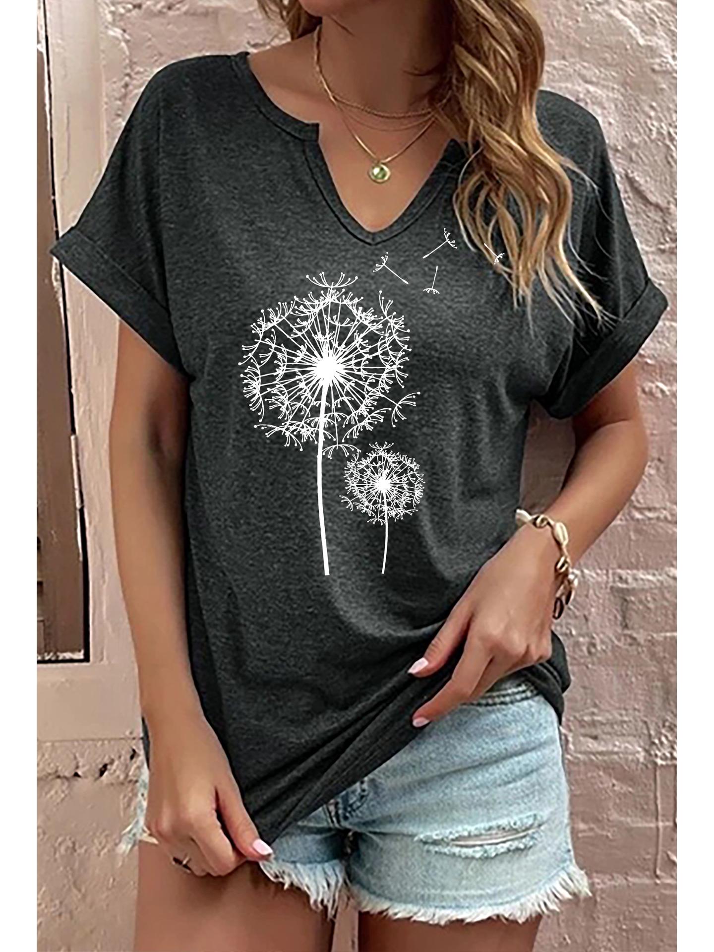 

Женский повседневный топ с V-образным вырезом и рукавами с подворотом, с рисунком одуванчиков Extra Large светло-серый