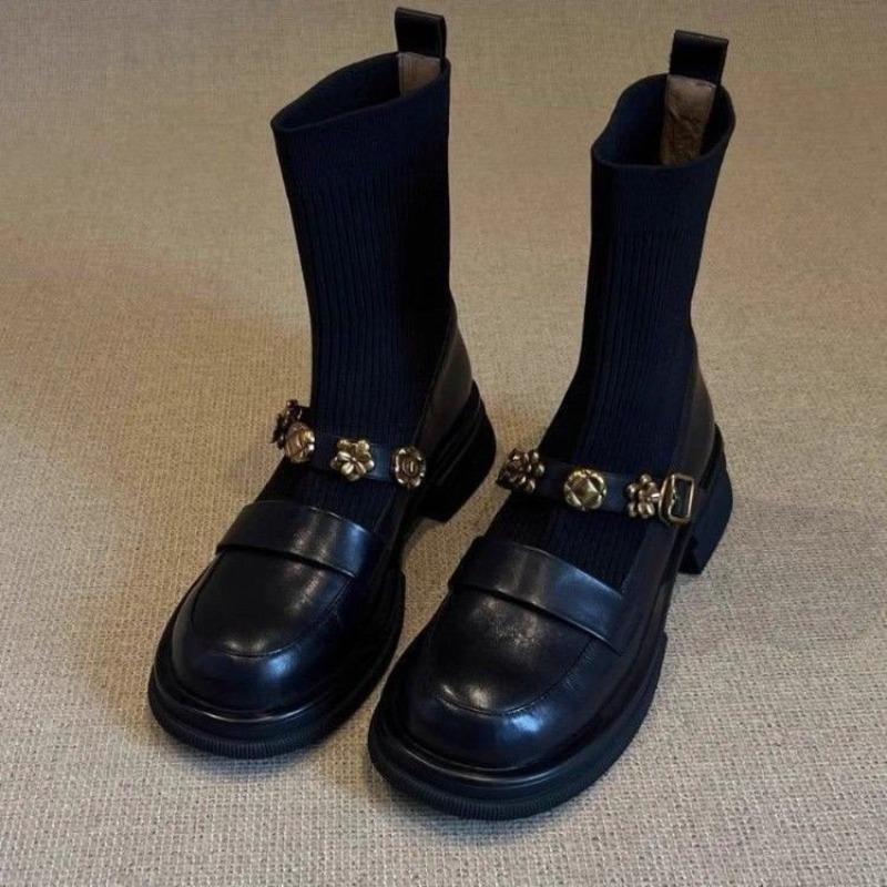 Retro Metal Buckle Elastic Short Boots Autumn and Winter College Style Knitted Boots Women's Versatile Thick-soled Loafers Boots