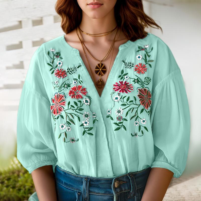 ZANZEA Women Summer V-Neck 3/4 Sleeve Loose Floral Embroidery Blouse