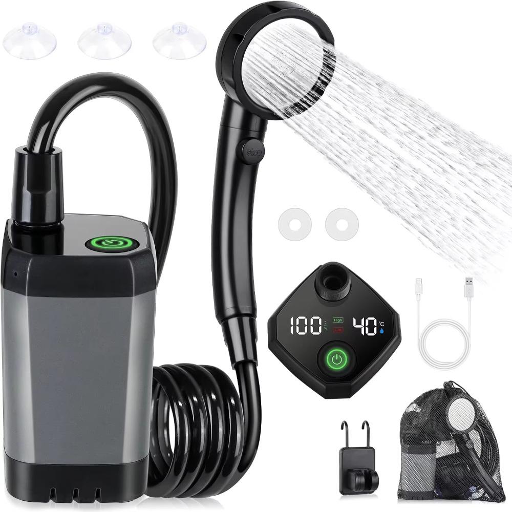 6000mAh Portable Camping Shower Intelligent LED Display Dual Speed Mode Outdoor Shower Set Waterproof Temperature Display