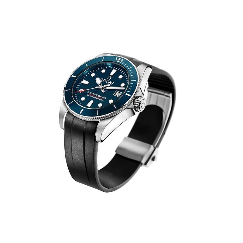 Titoni Pruimenbloesem oceaanverkenning serie mechanisch uurwerk 300 meter horloge 42 mm blauwe wijzerplaat roestvrijstalen kast siliconen band 83300 S-BE-R-705