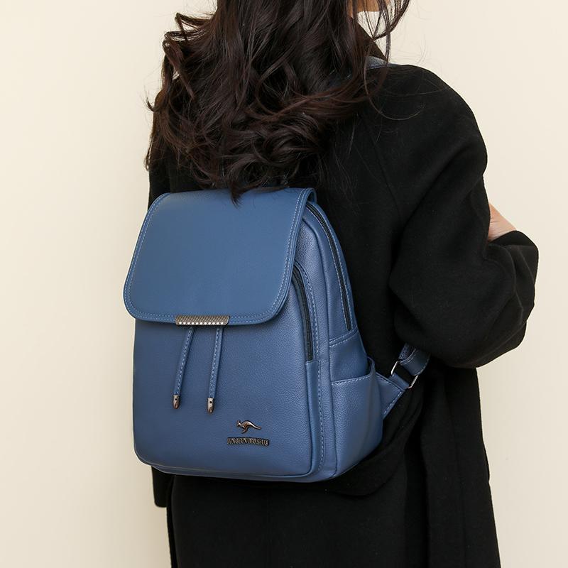 Women's Solid Color Schoolbag Large Capacity Soft Leather Backpack Female Travel Bag