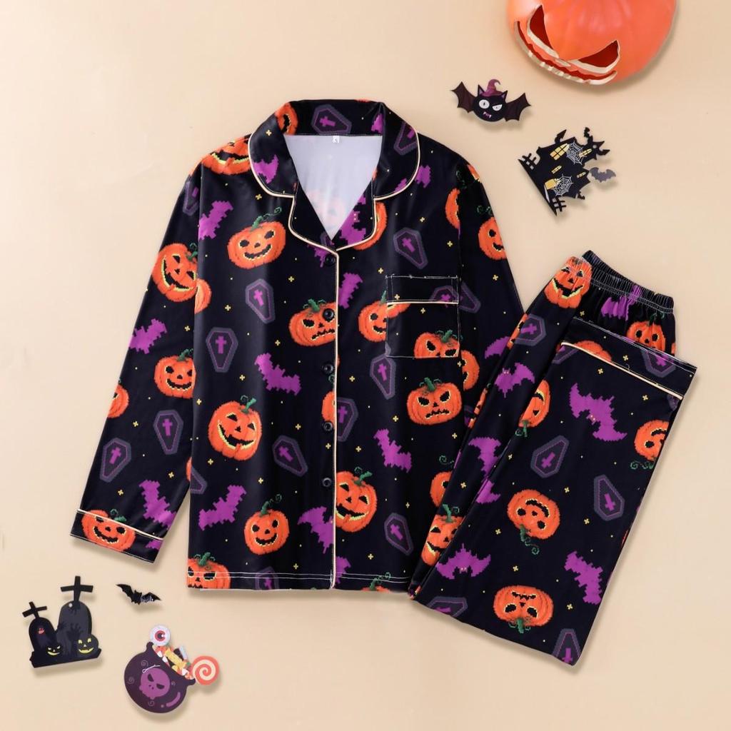 2025 Women's Long-Sleeve Pajama Set: Halloween Lapel Homewear for Spring & Autumn