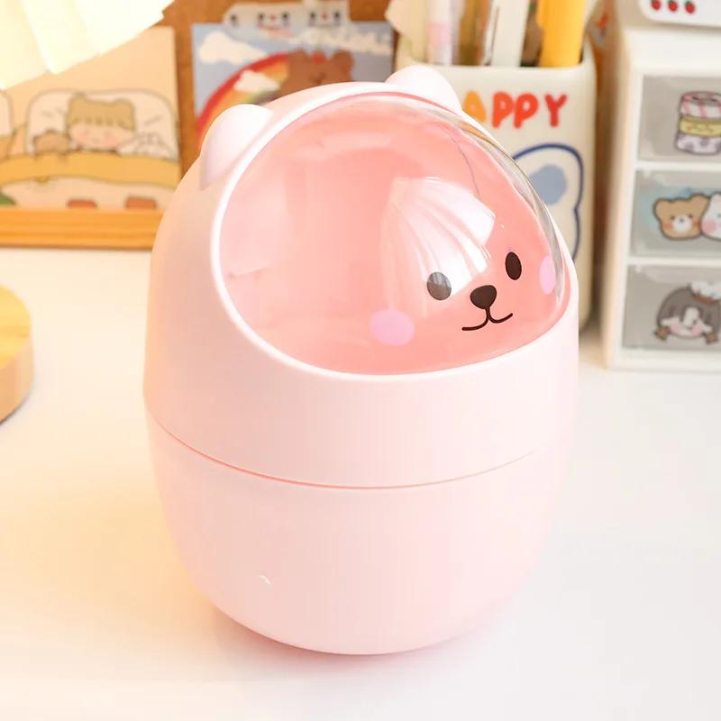 Ins Trash Can Organizer Ins Desktop with Lid Kawaii Cute Bear Trash Bin Storage Box Girl Pen Holder Storage Bucket with Flip Top