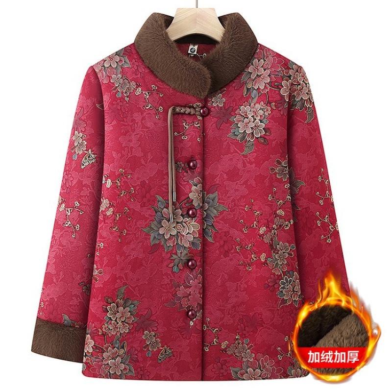 Medium-sized elderly clothes with velvet small cotton-padded clothes, old lady clothes, stand-up collar cotton-padded jacket, Chinese New Year clothes