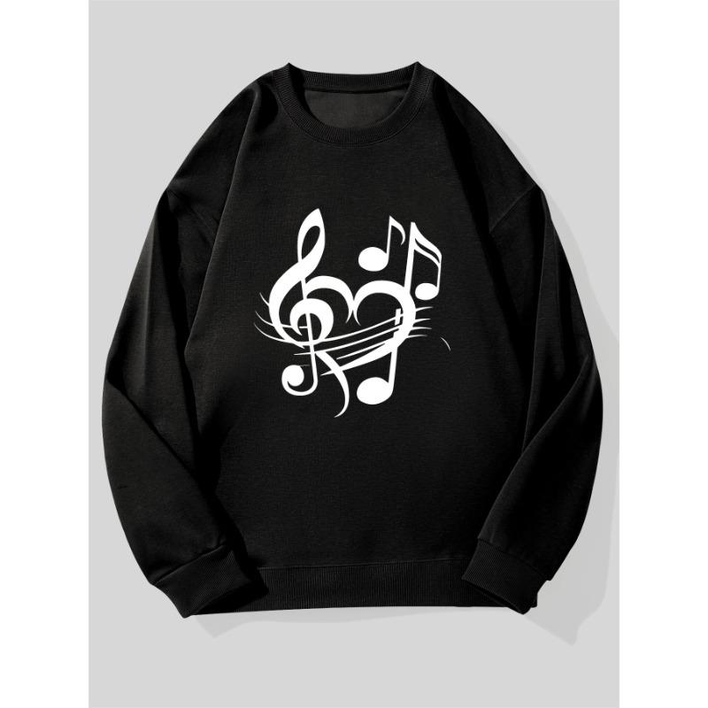 Men's Music Note Treble Clef Print Loose-Fit Round Neck Sweater For Musicians And Music Lovers.