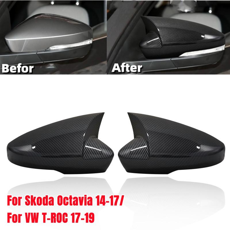 For US Skoda Octavia 2013- For VW T-ROC 2017- ABS Car Side Mirror Cover Wing Cap Exterior Door Trim Adhesive Sticker
