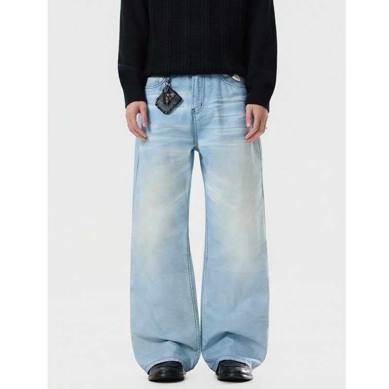 

Acrardic American-Style Light Blue Whiskered Flared Jeans for Men, Vintage Cool Vibe, Washed Slim-Fit Long Pants Light Blue X L