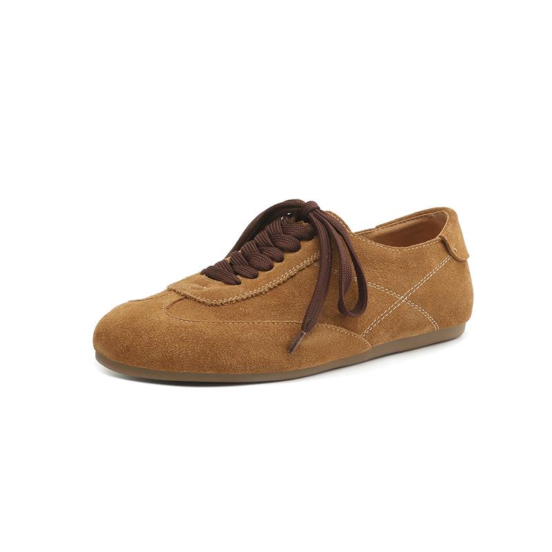 Fashion Retro Cow Suede Leather Casual Loafers for Women Flats Shoes Lace-Up Low Heels Spring Shoes 2025 Soft Office Dress Size 35-42