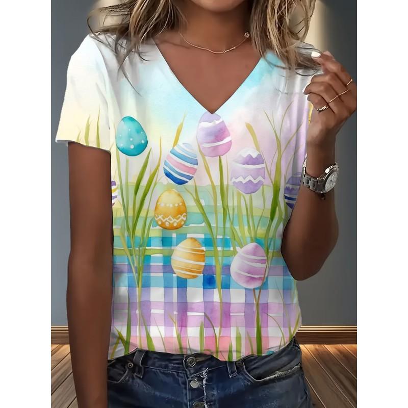 Womens V-Neck Loose Fit Short Sleeve T-Shirt With Colorful Geometric Starry Print Casual Top