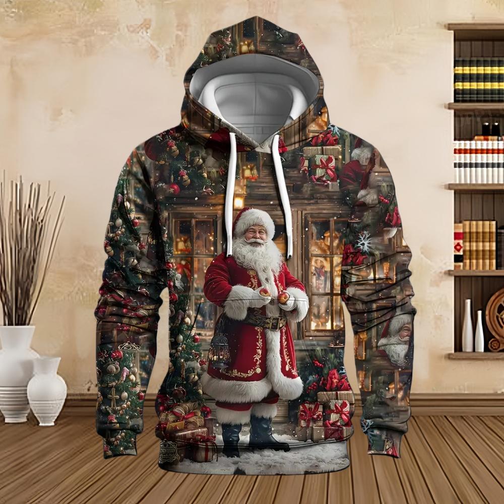 New in Sweatshirts Christmas Santa with Snowman Graphic Print Men's Cozy Drawstring Long Sleeve Pullover Sweatshirt Hoodie Tops