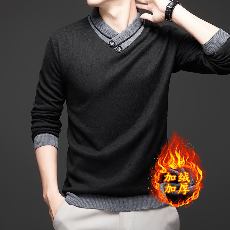 Men Fleece Lined Thickened Knit Autumn Winter New Long Sleeve Base Layer Scarf Collar Sweater Skin Friendly Versatile Top