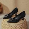 Pointed high heels women's thin heels 2025 new spring and autumn women's shoes rhinestone square buckle suede French small heel light mouth single sho