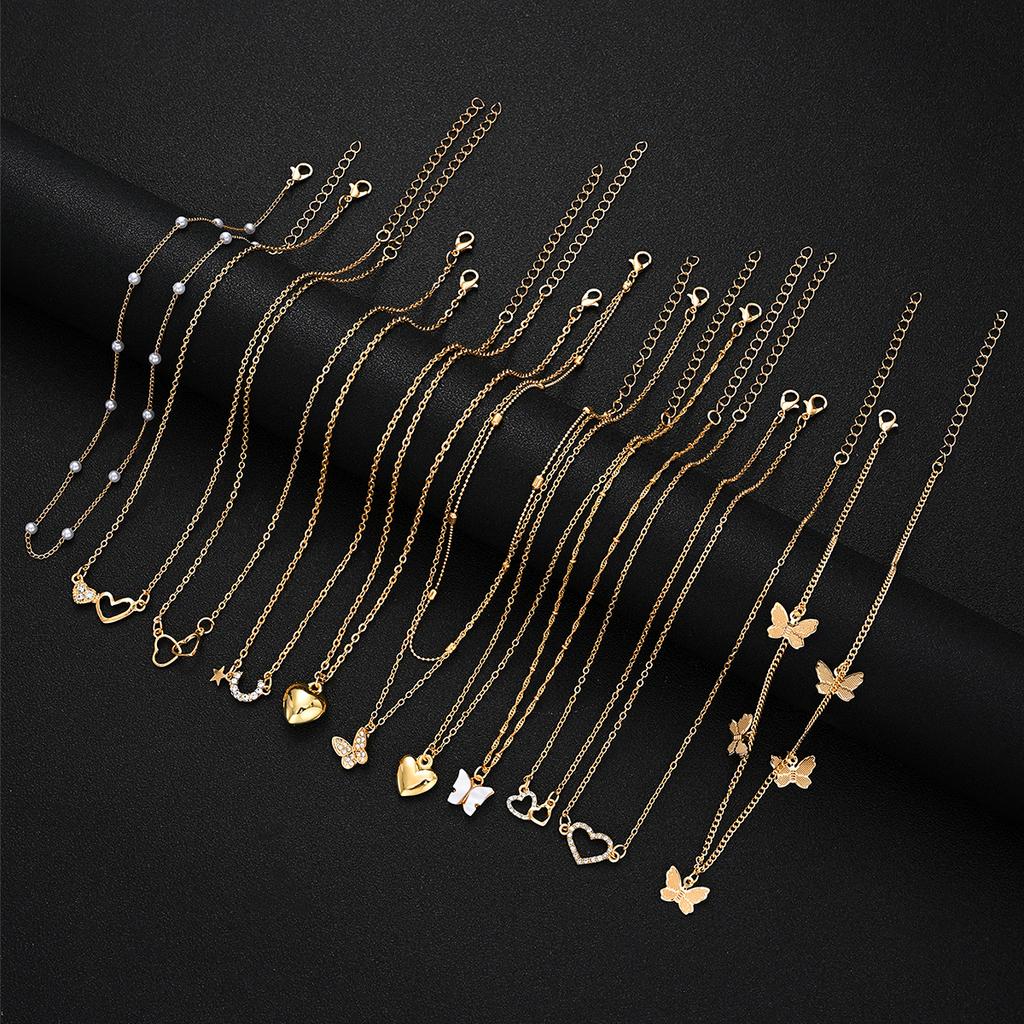 Fashion Elegant Multi-layered Necklace Set for Women Vintage Zircon Pearl Heart Butterfly Star Moon Pendant Necklace Jewelry New