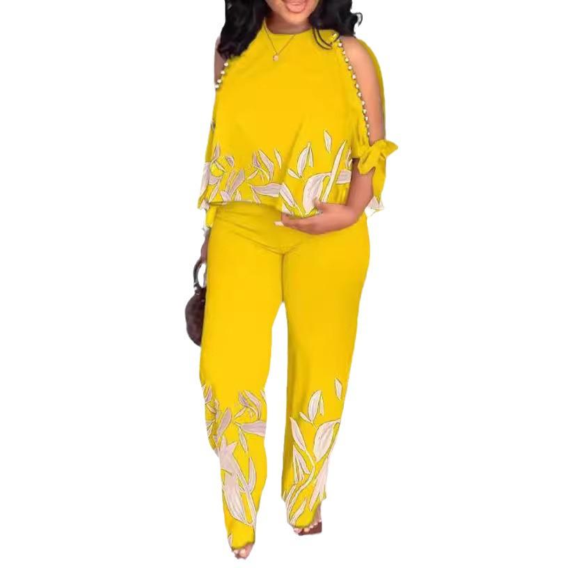 2023 Women's Round Neck Raglan Sleeve Beaded Print Long Pants Set Plus Size, European & American Style