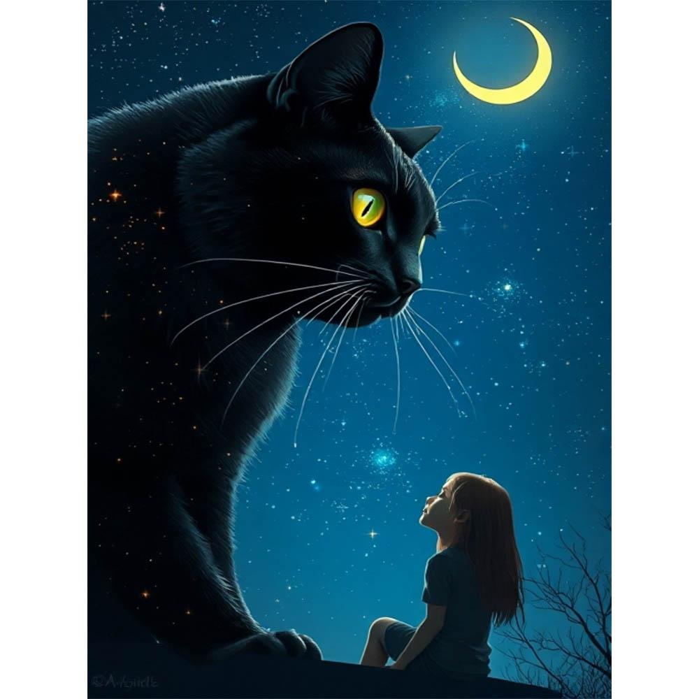 

5D Black Cat Under The Night Sky Diamond Decorative Painting Set Full Diamond Embroidery Decorative Painting Handmade Products Round 20x30cm