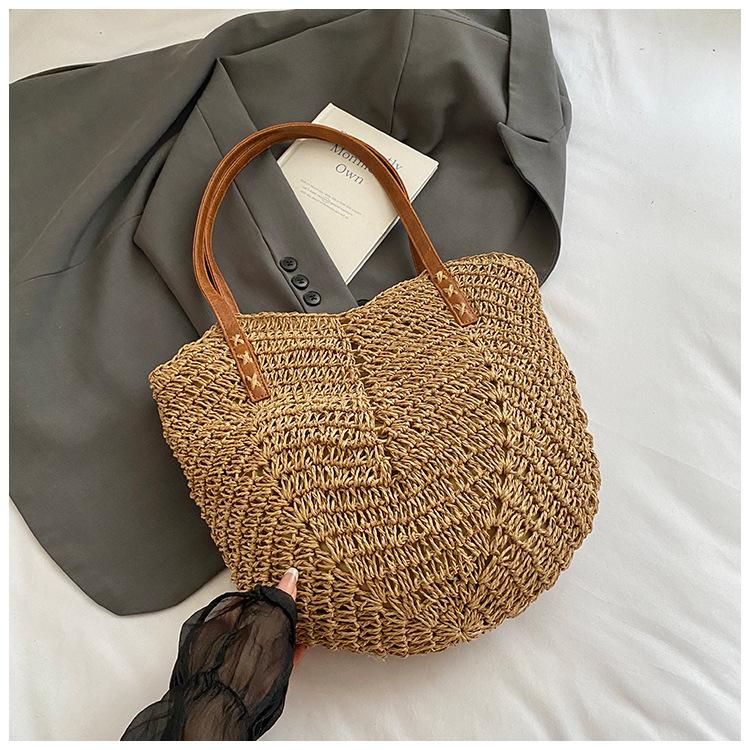 Straw Bag Women's New Seaside Vacation Beach Woven Bag Large Capacity Shoulder Bag Tote Straw Bag Vegetable Basket
