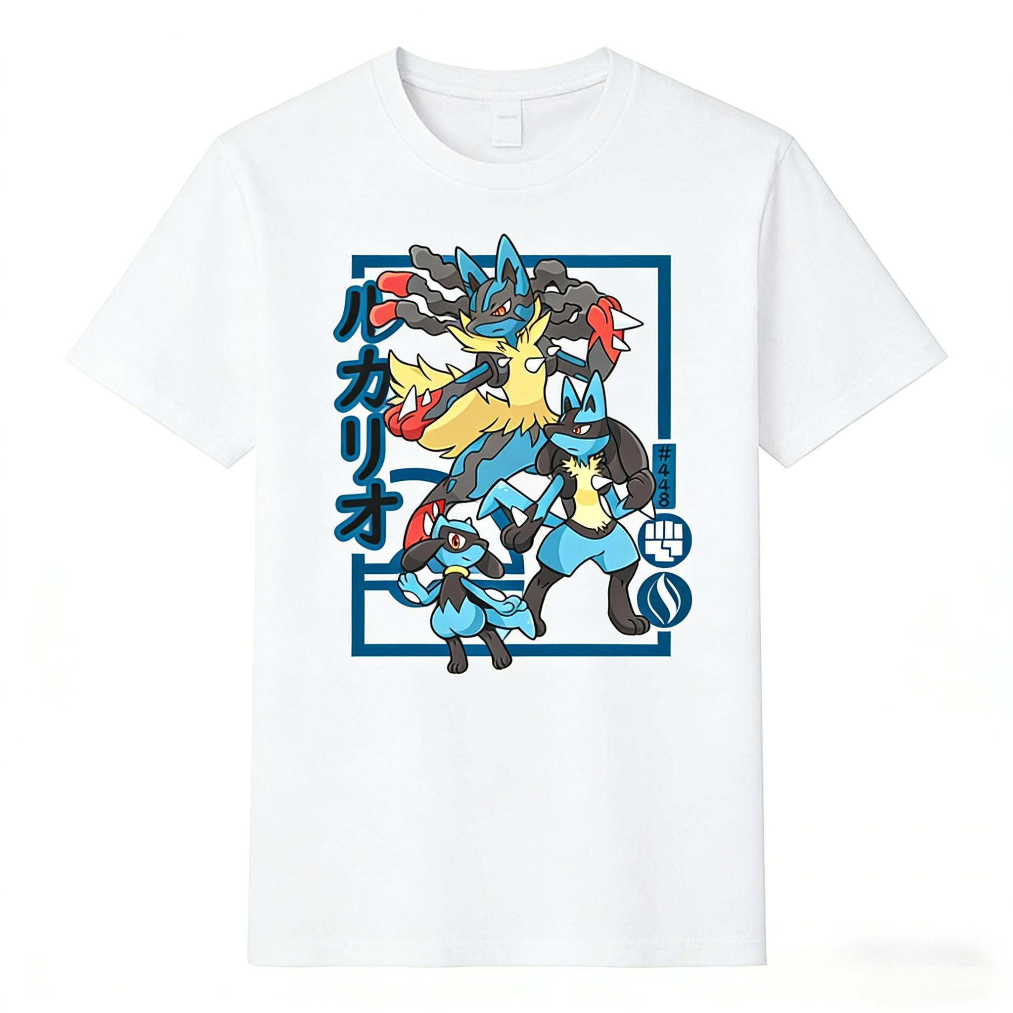 

Pokémon Riolu Evolution Printed Pure Cotton Tshirt for Men and Women SpringSummer New Collection Fashion Short Sleeved Shirt S