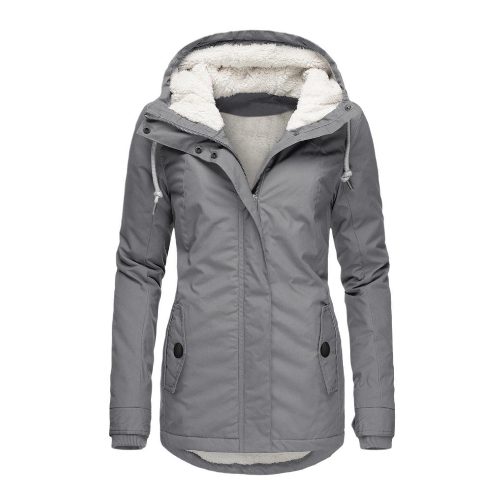 Women's Hooded Sherpa Lined Midi Coat Solid Color Zip Up Warm Winter Casual Outerwear Jacket