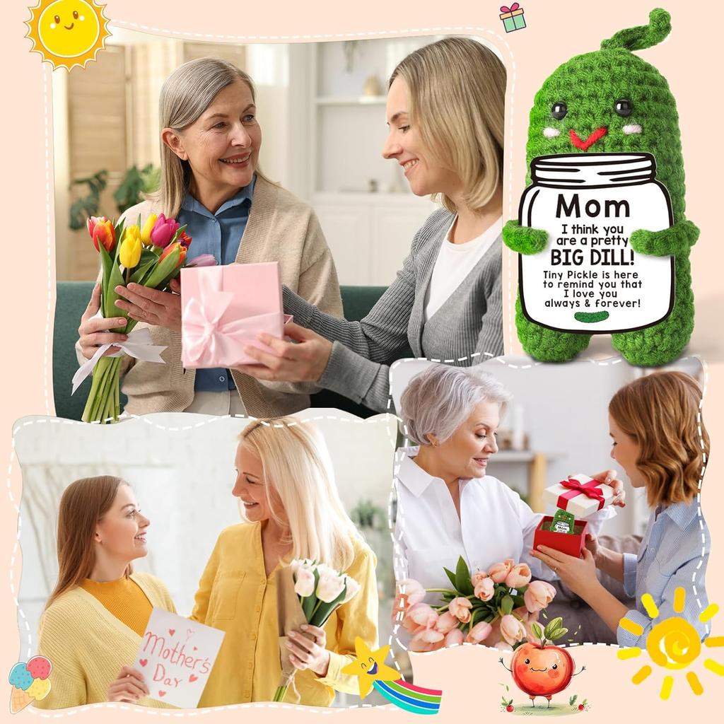 Funny Crochet Positive Pickle Plush Dolls with Card Mothers Day Gift for Mom from Daughter or Son Handmade Knitted Pickle Doll