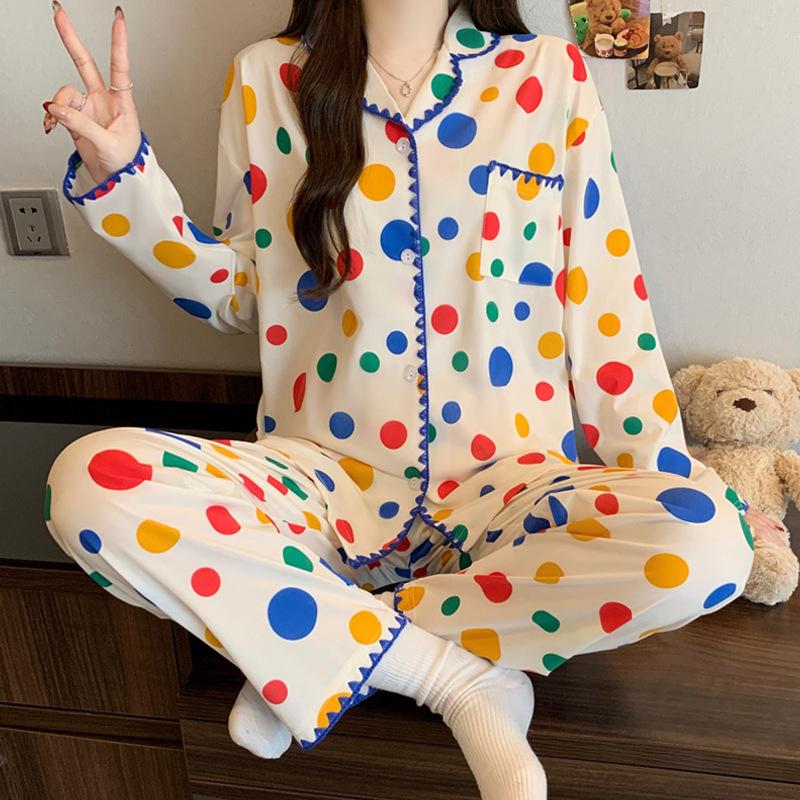 Halbmond-Stickrand Langarm-Pyjama Damen Frühling Neu Imitation Baumwolle Dopamin Polka Dot Loungewear Set